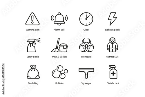 Safety and cleaning icons set featuring warning sign, clock, mop, biohazard, and hazmat suit