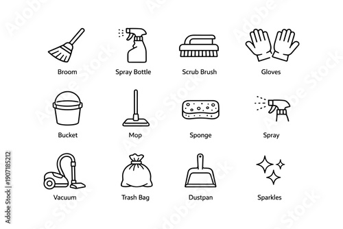 Cleaning tools icons: broom, spray bottle, scrub brush, gloves, vacuum, mop
