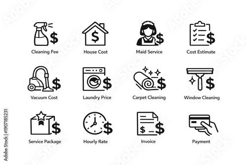 Household services and costs icons: cleaning, payment, pricing details
