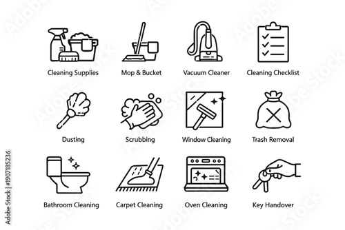 Household cleaning icons set with supplies checklist and tools