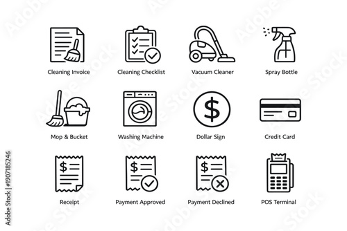 Cleaning and payment icons: invoice, checklist, vacuum, spray bottle, pos terminal
