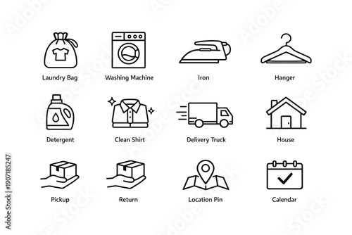 Laundry and delivery icon set featuring washing machine and clean shirt