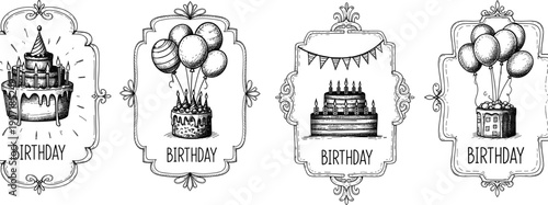 Line Art Drawing Vector Set of Decorative Birthday Labels Featuring Multi-Tiered Cakes with Candles, Balloons, and Festive Bunting in Frames