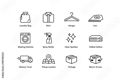 Laundry and delivery icon set: shirt, hanger, washing machine, package