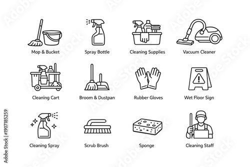Cleaning tools and supplies: icons of mop, spray bottle, vacuum cleaner, gloves, and signs