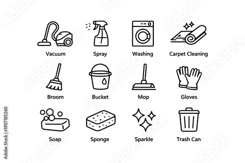 Household cleaning icons set including vacuum, spray, and washing machine