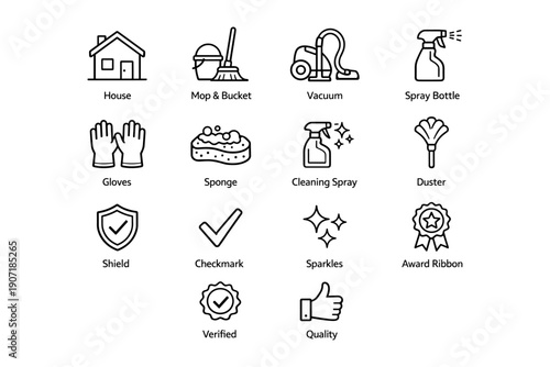 Set of cleaning and maintenance icons including mop, vacuum, and gloves