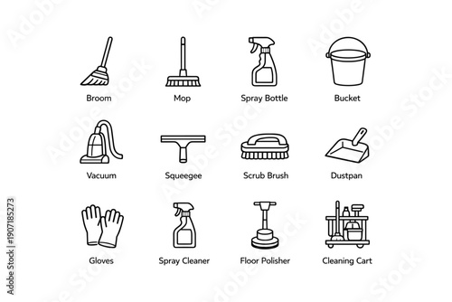 Set of cleaning tools icons: broom, mop, spray bottle, and more