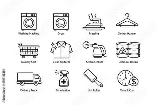 Laundry and cleaning icons collection: equipment, supplies, and symbols