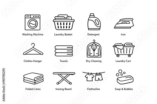 Laundry essentials icons: washing machine, iron, towels, detergent, clothesline