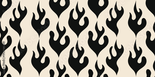 Abstract black flame pattern background vector with repeating fire shapes modern seamless design for textile wallpaper packaging branding retro aesthetic and decorative surface use
