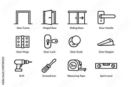 Door and construction tools: frames, hinges, locks, drills, tape measure, spirit level