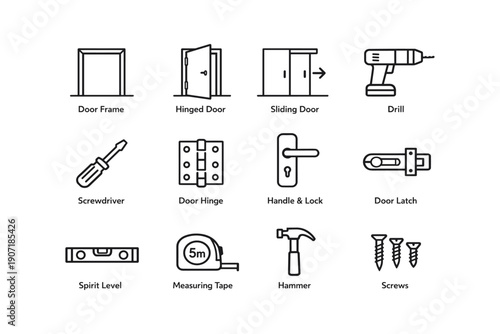 Door tools and hardware icons set with drill, screwdriver, hammer, hinged, sliding, and frame