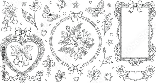Vintage Black Line Art Illustration Set Featuring Romantic Floral Bouquets, Ornate Heart and Ribbon Frames, Butterflies, Cherries, and Roses for Greeting Card Design