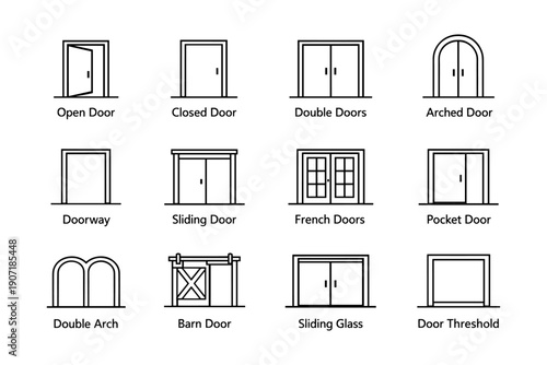 Various door styles illustration: open, closed, double, arched, sliding, french, barn, pocket