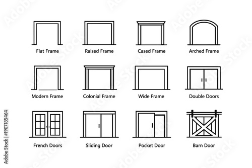 Various door and frame designs: flat, raised, arched, modern, colonial, french, sliding, barn