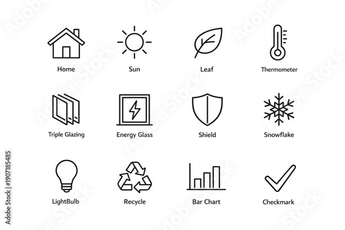 Icons representing home, energy, weather, and sustainability concepts