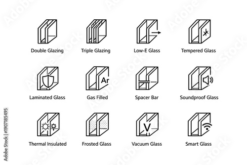 Illustrated icons of double, triple glazing and other glass types