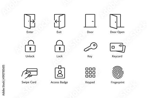 Door and security icons: entry, exit, lock, key, keycard, swipe card, access badge, keypad, fingerprint