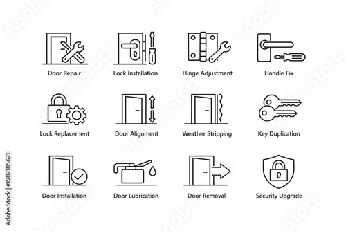 Door and lock maintenance icons set for home improvement and security