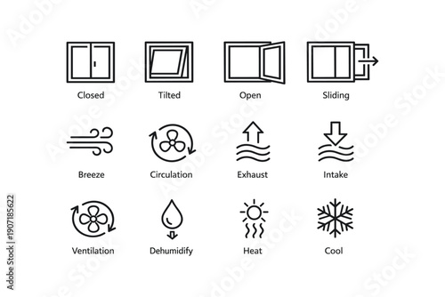 Window states and airflow symbols: closed, tilted, open, sliding, breeze, circulation, exhaust, intake