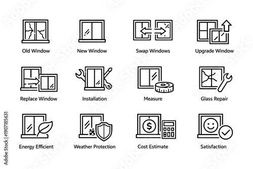 Window repair and upgrade icons set with tools and efficiency symbols
