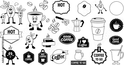 Black and White Vector Set Featuring Cute Cartoon Coffee Bean Characters, Steaming Mugs, Espresso Cups, Takeaway Paper Cups, Moka Pot, and Vintage Coffee Shop Labels