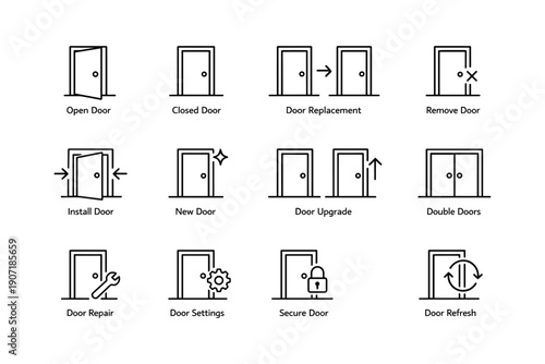 Door icons collection: open, closed, replacement, installation, upgrade, security