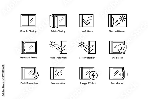 Window insulation icons: double glazing, triple glazing, low-e glass, thermal barrier, uv shield