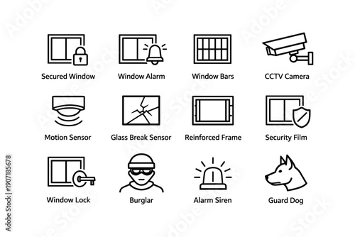 Home security icons set including alarms, sensors, and surveillance