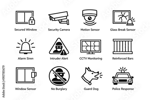 Home security icons: alarm, cctv, camera, guard dog, police response