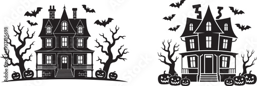 Spooky haunted mansion with glowing windows, silhouette bats flying and carved pumpkins in a cartoonish Halloween illustration style.