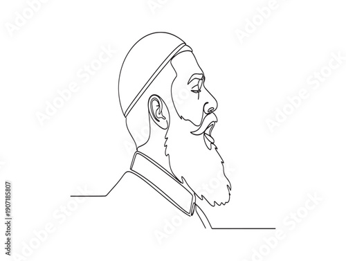 A black and white line drawing of a man with a beard and head covering