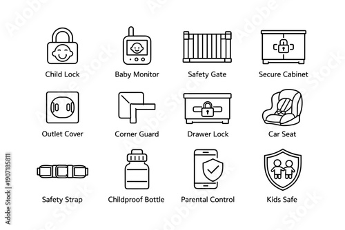 Child safety icons set including lock, monitor, gate, secure cabinet, outlet cover, and car seat