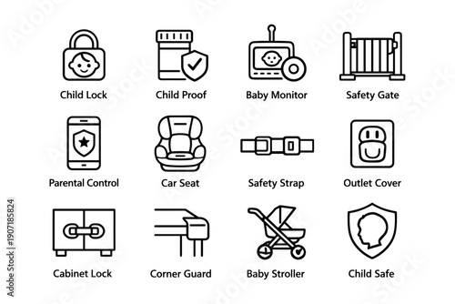 Baby safety icons set featuring child lock, baby monitor, car seat, stroller, and more