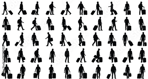 Travel silhouette icons, people walking with luggage vector illustration, airport transportation design set, journey tourism activity art flat vector