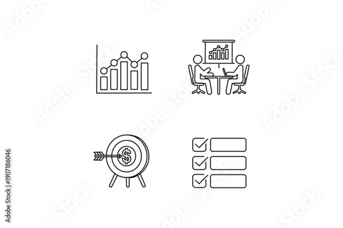 Business Planning and Analysis Icons: Graph, Meeting, Target, Checklist Symbols. Resizable and Editable, EPS 10.