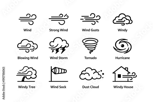 Wind icons collection: tornado, hurricane, wind sock, dust cloud