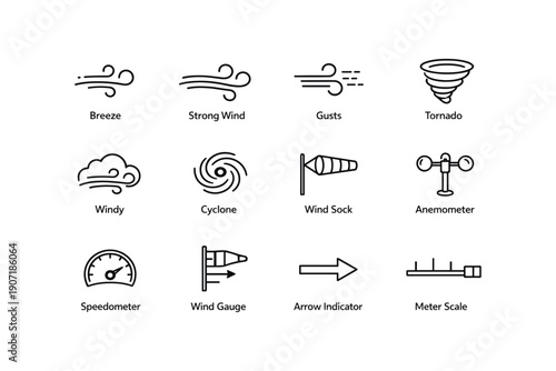 Weather symbols: breeze, strong wind, tornado, cyclone, anemometer icons