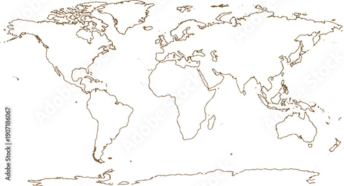 World map outline with detailed coastlines and islands a blank political map illustration highlighting continents