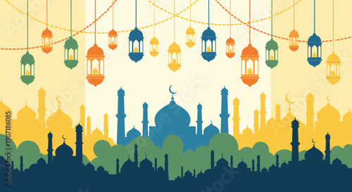 Marhaban Ya Ramadhan Greeting with hand lettering calligraphy and illustration.