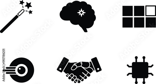 collection of business and technology icons including handshake and robot
