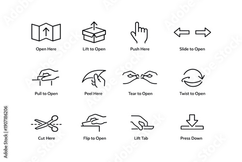 Universal package opening instructions icons for various actions