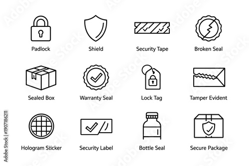 Security icons: padlock, shield, tape, seal, box, label, tag, sticker, bottle, package