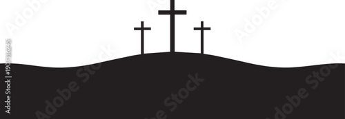 Holy week landscape vector silhouette illustration line art of three crosses atop rolling hills