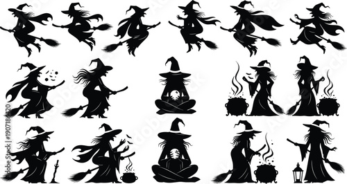 Witch Silhouettes Halloween Magic Broom Cauldron Spell Fantasy Costume Collection Vector Illustration Isolated Set