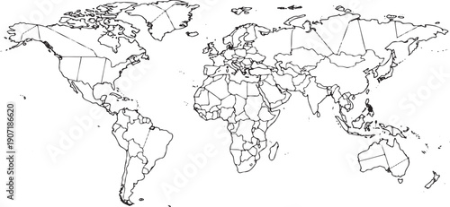 Outline world map with country borders a blank political map of the earth showing continents and nations for educational