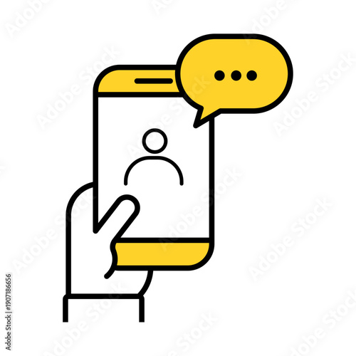 Mobile notification, mobile email outline dual color icon. Hand human with smartphone device vector illustration design. Notification of an incoming email to a smartphone. E-mailing, spam, e-commerce.