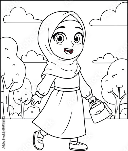 Black and White Line Art Illustration of a Young Muslim Girl in Hijab Walking Outdoors for Islamic Educational Coloring Page or Children's Activities