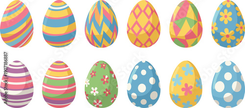 Colorful Easter eggs collection with geometric and floral patterns bright festive spring holiday vector illustration set